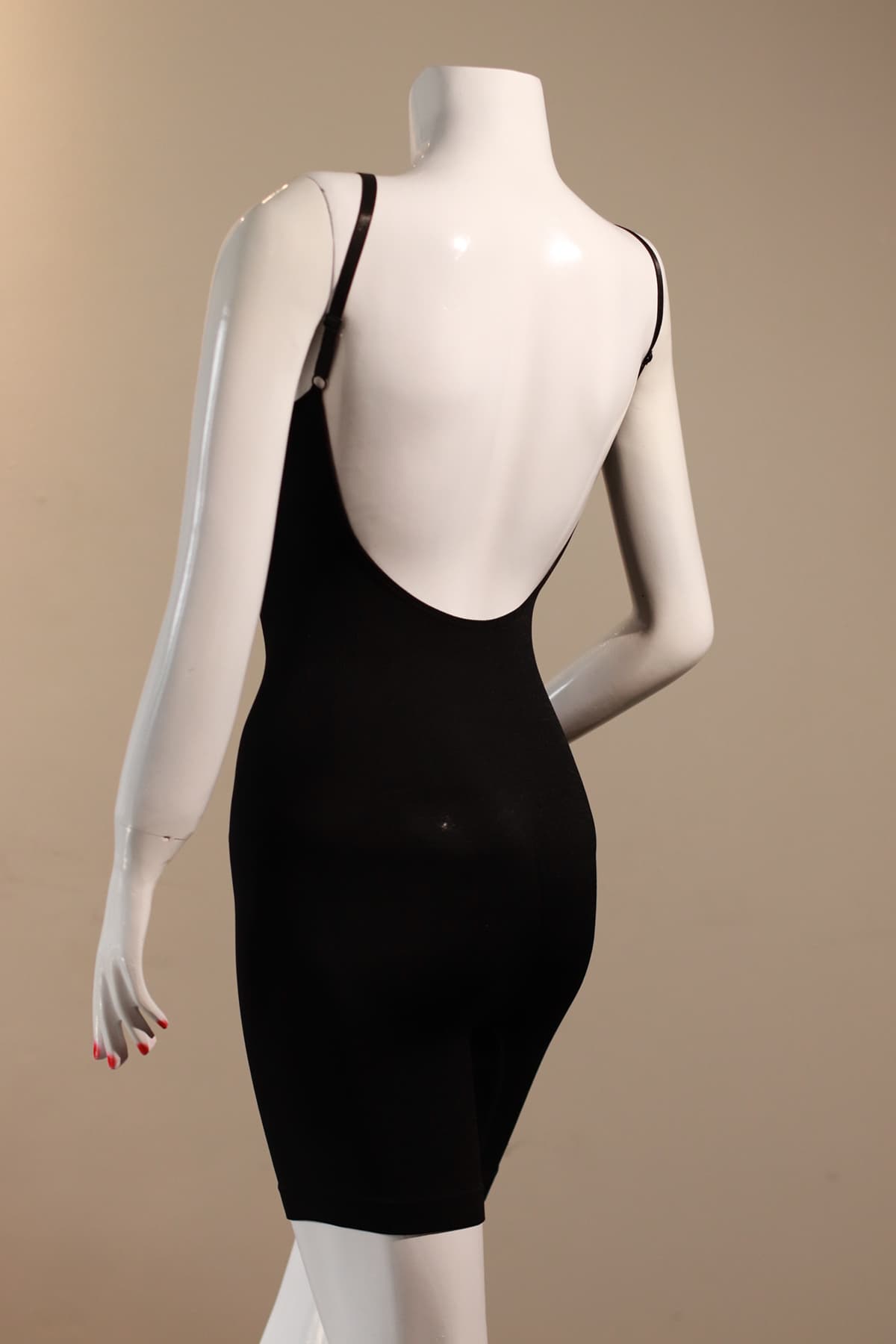 Rear view of black backless shapewear corset for low back dresses